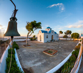 View of church in Kefalos region during sunset, Kos island, Greece. 