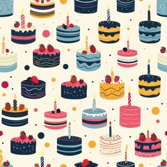 Fun and festive pattern featuring colorful birthday cakes with candles on a cream background, ideal for celebration and party themes.Seamless.

