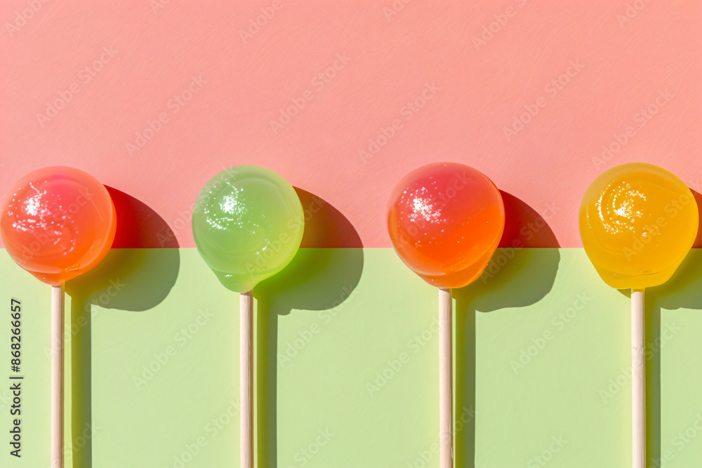 Aufkleber a minimalist composition featuring lollipops arranged in a row on a pastel background, with soft sha