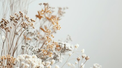 A minimalist arrangement of dried flowers in soft, neutral tones against a white background, creating a serene and simple aesthetic.