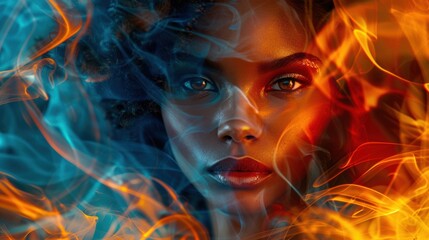 A striking portrait of a woman surrounded by swirling blue and orange smoke, blending elements of fire and cool tones.