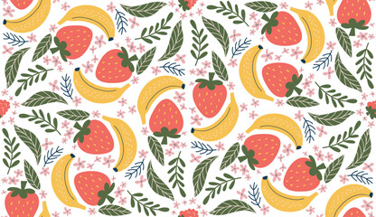 Whimsical seamless pattern featuring illustrations of bananas, red strawberries, pink flowers, and green leaves, arranged in a diamond-shaped design. Modern, organic vector style with flat colors