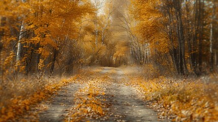 Fototapeta premium Golden autumn leaves cover a forest pathway, creating a scenic, sunlit corridor through the woods in fall.