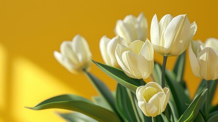 Fototapeta premium Close-up of white tulips with green leaves set against a vibrant yellow background, capturing spring freshness and elegance.