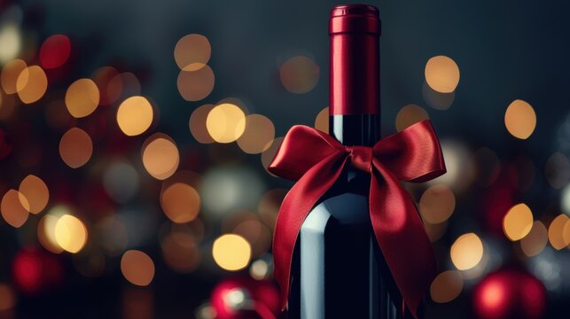 A wine bottle adorned with a red bow, set against a festive background with bokeh lights, perfect for holiday celebrations.