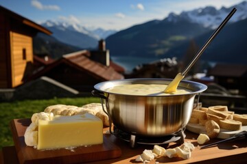 Swiss cheese fondue with alpine chalets in the background.