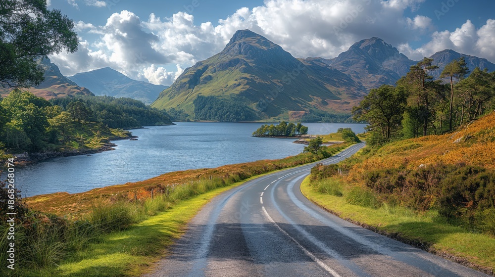 Wall mural serene summer drive on the north coast 500 scotland - scenic route through rugged highlands with loc