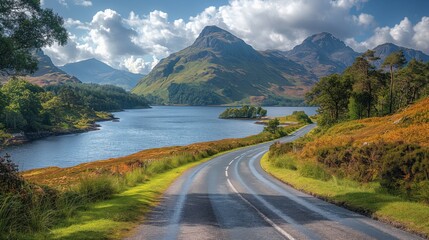 Serene Summer Drive on The North Coast 500 Scotland - Scenic Route through Rugged Highlands with Lochs, Mountains, and Cloudy Sky