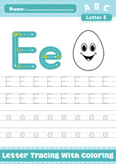 Letter E Uppercase Lowercase Tracing Worksheet with Coloring Apple Activity.  A4 Alphabet E Trace Handwriting Printable Vector Illustration. Worksheet for Preschool Kindergarten Kids
