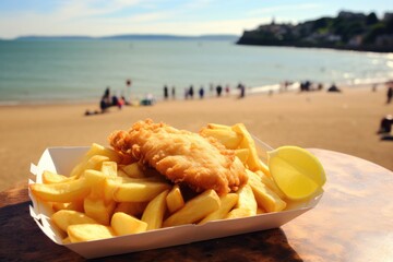 Classic British fish and chips on a seaside promenade in a quaint village.