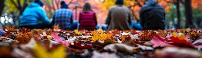 Autumn leaves with blurred people in background.