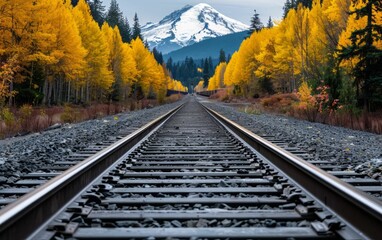 Obraz premium Railroad Tracks Leading to Mountain Peak.