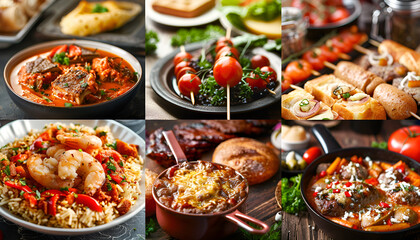Obraz premium Collage. Assortment of dishes from different countries of the world. Food and snacks