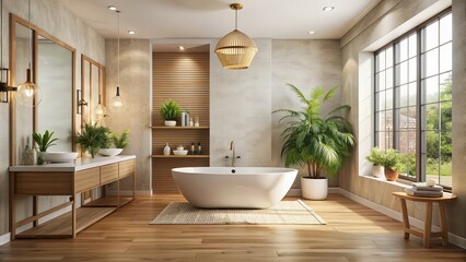Beautiful bathroom interior with calm natural tones , luxurious, elegant, tranquil, spa-like, clean, modern