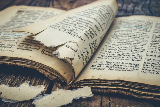 Aged book with torn pages on wooden surface