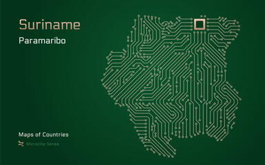 Suriname Map with a capital of Paramaribo Shown in a Microchip Pattern with processor. E-government. World Countries vector maps. Microchip Series	
