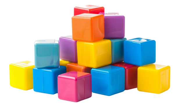 Colorful plastic toy blocks isolated on white background