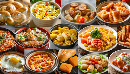 Collage. Assortment of dishes from different countries of the world. Food and snacks