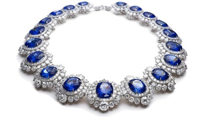 Obraz premium Elegant sapphire necklace with diamonds, front view on black background. Generative AI