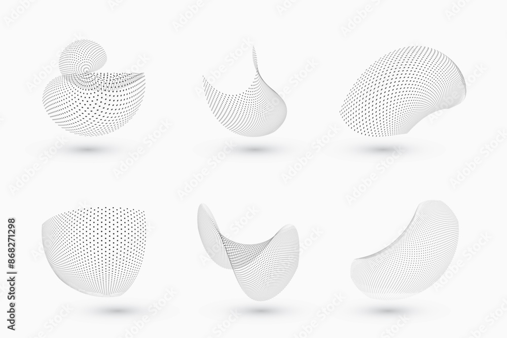 Poster set of dotted curved abstract shapes. dotted pattern in halftone theme. curved and twisted abstract 