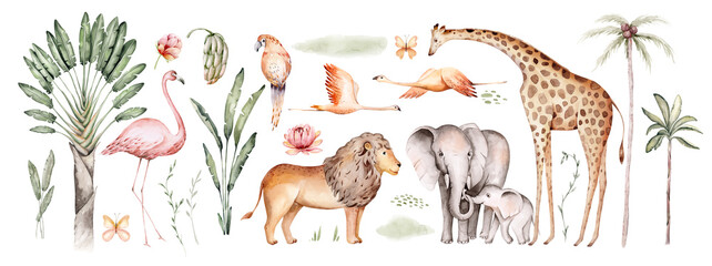 Watercolor illustration of African Animals: elephant and monkey, cockatoo, wild parrot and giraffe, flamingo isolated white background. Safari savannah animals.