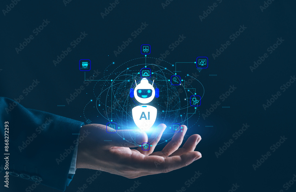 Poster business iot ai automation concept, business man holding virtual ai automation connect internet of t