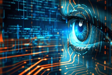 Futuristic cyber eye with digital overlay and high-tech interface