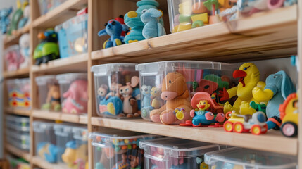 Transparent plastic containers along with various kids toys on shelves. Organizing and Storage Ideas in nursery. Space organizing at childrens room. Toys sorting system