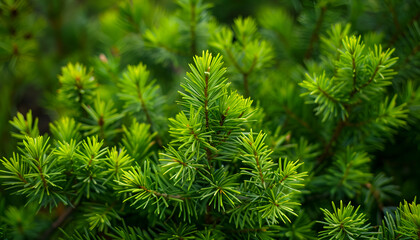 Fototapeta premium Natural background of young fir-tree branches with small needles. Growing new evergreen fir tree. Pine branches with young green needles for publication, poster, screensaver