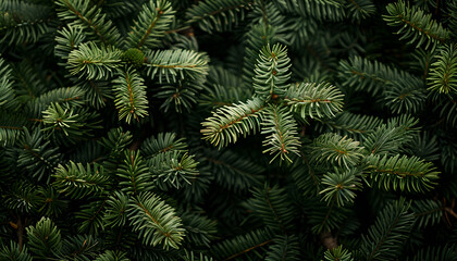 Natural background of young fir-tree branches with small needles. Growing new evergreen fir tree. Pine branches with young green needles for publication, poster, screensaver
