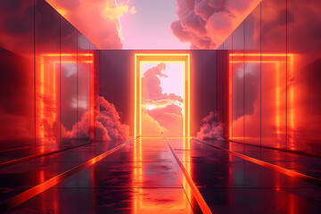 A geometric three-dimensional portal of hot fiery red-orange color, an abstract door to other dimensions.