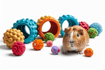 Obraz premium Guinea pig with colorful toys, white background