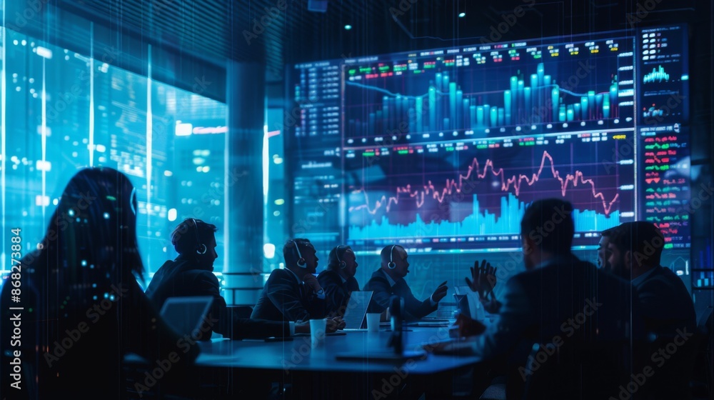 Fototapete a business meeting with executives discussing stock performance, with a large screen showing real-ti