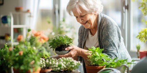 Woman Caring for House Plants, Taking Care of Home Garden, Elderly Gardening, Retired Female