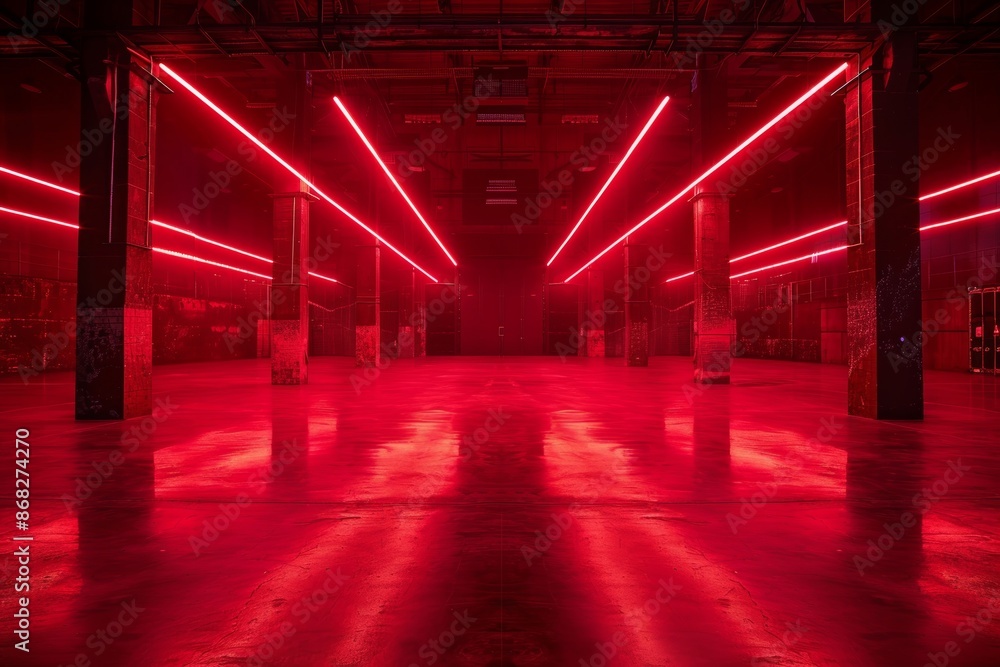 Wall mural futuristic red neon lights in industrial warehouse