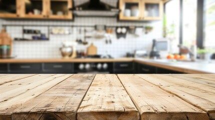 Warm modern kitchen interior with wooden countertop