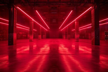 Futuristic red neon lights in industrial warehouse
