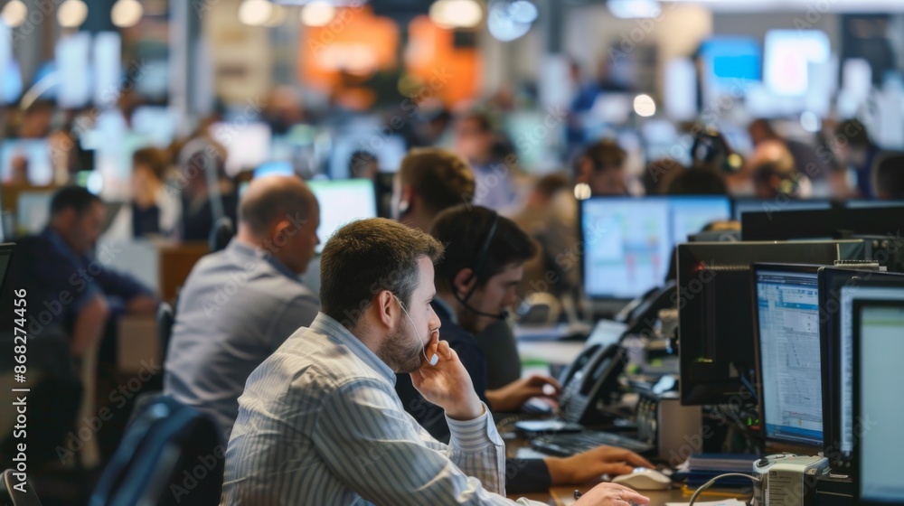 Poster a busy trading floor with traders working on computers, making phone calls, and discussing market mo