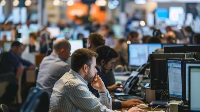 A busy trading floor with traders working on computers, making phone calls, and discussing market movements. - Powered by Adobe