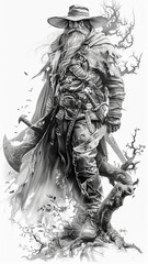 Large Warrior Wizard.  Generated image. A digital illustration of a large warrior wizard standing next to a haunted tree, warrior shaman with an axe, in the style of colorful realistic tattoo.