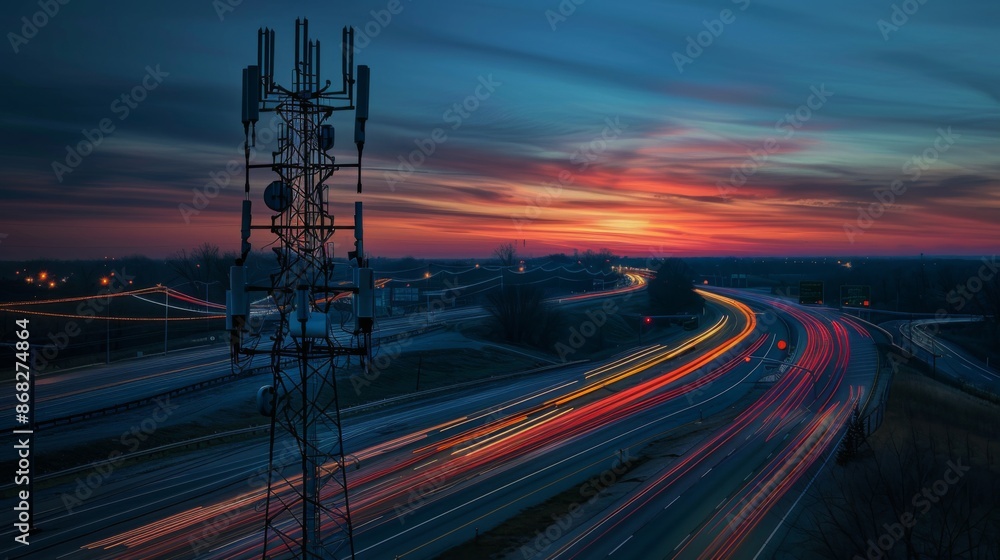 Poster a cellphone tower standing next to a highway, ensuring seamless communication for travelers and comm