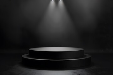 Black podium in black background. For product display.