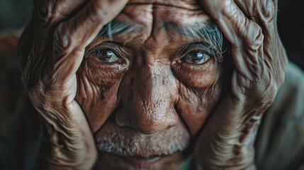 Close-up of an elderly man with his hand on his face and clasped together in pain, crying and depressed, at home