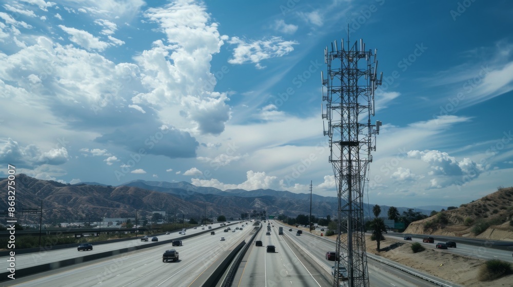 Poster a cellphone tower standing next to a highway, ensuring seamless communication for travelers and comm