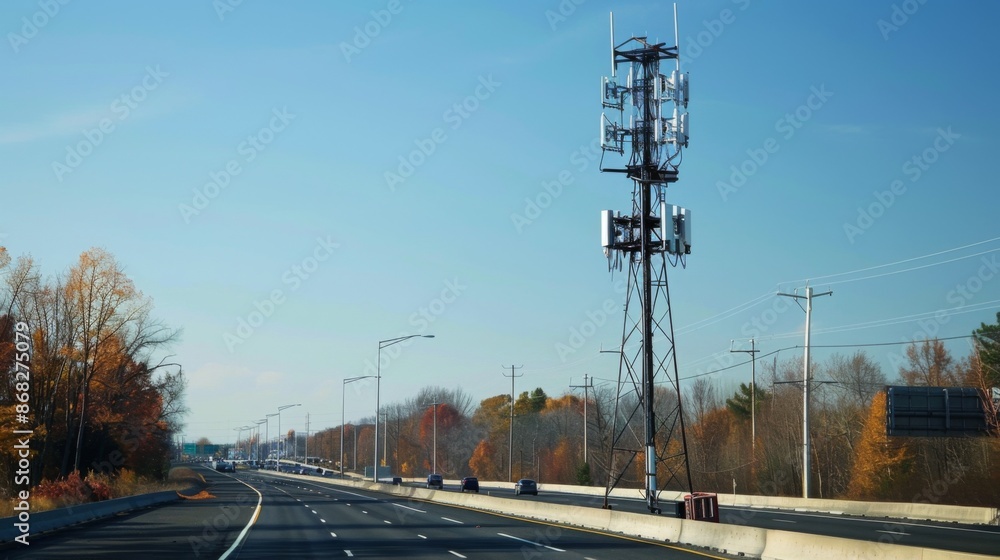 Poster a cellphone tower standing next to a highway, ensuring seamless communication for travelers and comm
