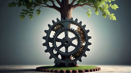 Obraz premium image-of-spinning-gears-leading-to-a-growing-tree-concept-of-creativity-education-and-technology