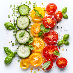 Fresh vegetables, sliced cucumber and tomato, flat lay, top view