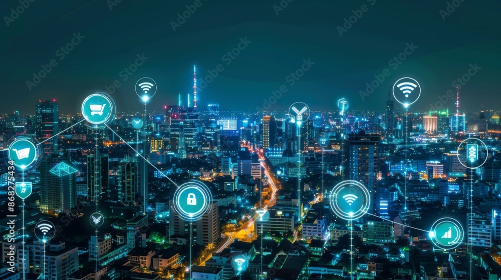 Fototapete a cityscape at night with digital lines and icons representing wireless networks and connectivity ac