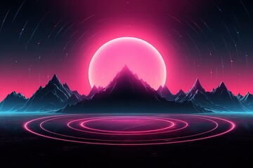 Neon circle frame with smoke on water surface. Round glowing frame with magic light among soft clouds. Purple ring with bright sparkles and flares,