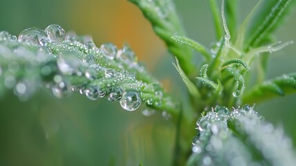 Fresh dew drops on vibrant green leaves